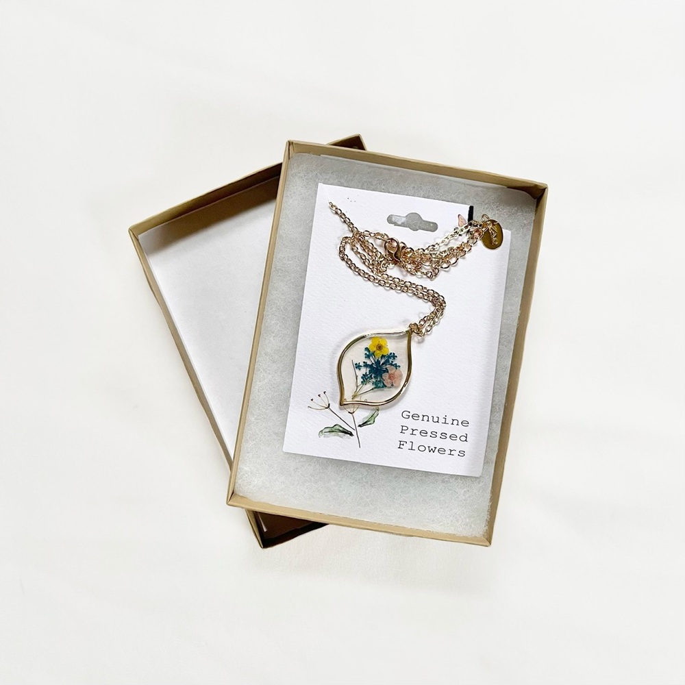Light Years Marquise Gold Spring Cottage Pressed Flower Pendant Necklace